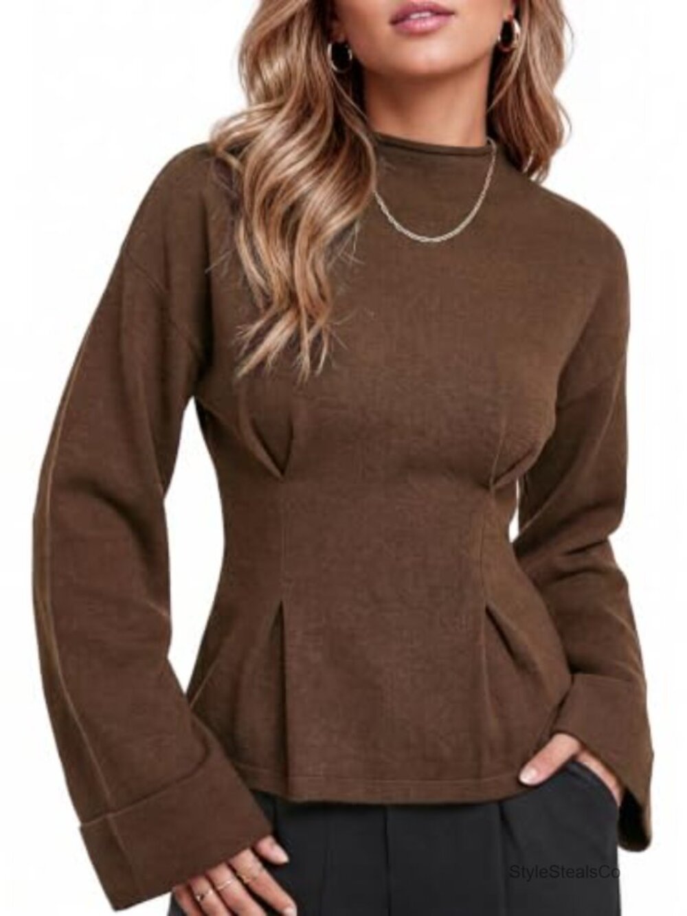 Ribbed Knit Peplum Pullover Mock Neck Long Sleeve Sweater